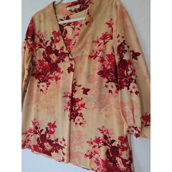 Rose + Olive Womens Peach Red Floral Pop Over Blouse Size XL Career Casual - Picture 2 of 8